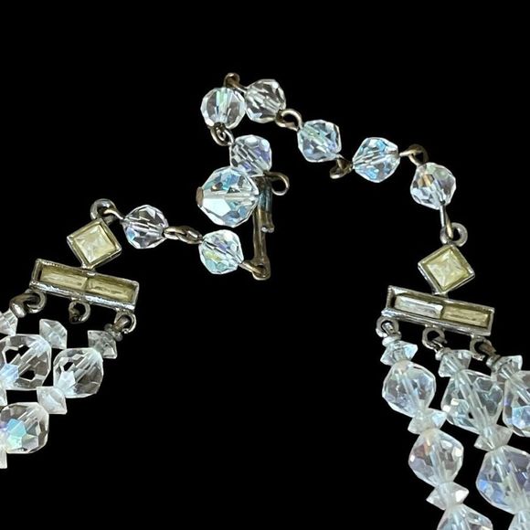 Vintage Triple Strand AB Crystal Beaded Necklace Stunning Art Deco Style Clasp - Picture 4 of 10
